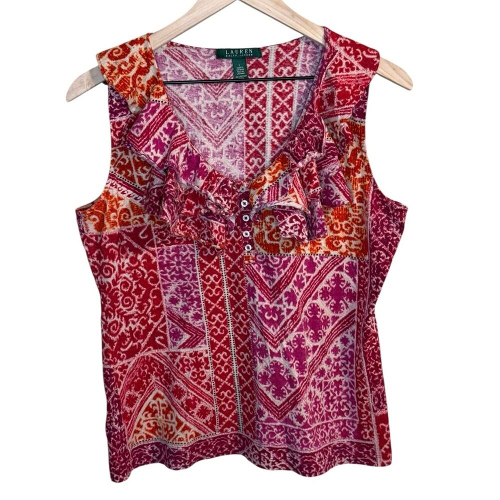 Lauren Ralph Lauren Women’s L Pink & Red Patterned Ruffle V-Neck Sleeveless Top
